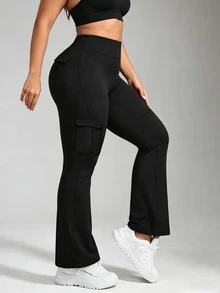 SHEIN Rhythm Era Women's Plus Size Solid Color Cargo Pocket Flare Leggings Gym Black Summer - Black - View 3