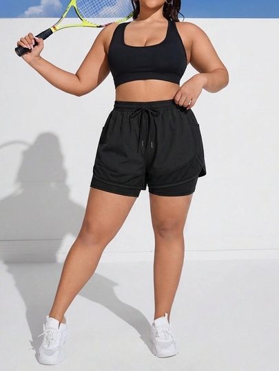 SHEIN Rhythm Era 大码女式纯色抽绳腰休闲百搭日常运动短裤