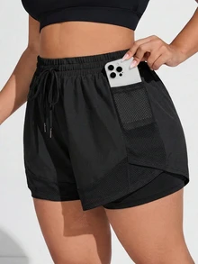 SHEIN Rhythm Era Plus Size Women Solid Color Drawstring Waist Casual Versatile Daily Wear & Sports Shorts - Black - View 6
