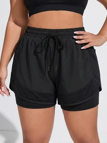 SHEIN Rhythm Era Plus Size Women Solid Color Drawstring Waist Casual Versatile Daily Wear & Sports Shorts - Black - View 2