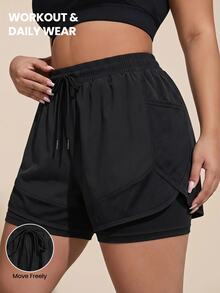 SHEIN Rhythm Era Plus Size Women Solid Color Drawstring Waist Casual Versatile Daily Wear & Sports Shorts - Black - View 1