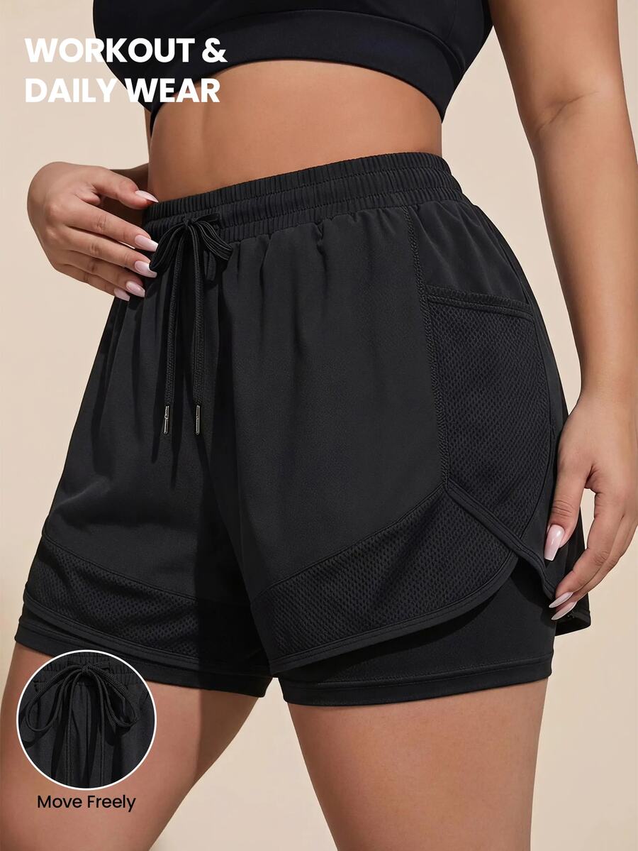 SHEIN Rhythm Era Plus Size Women Solid Color Drawstring Waist Casual Versatile Daily Wear & Sports Shorts - Black - View 1