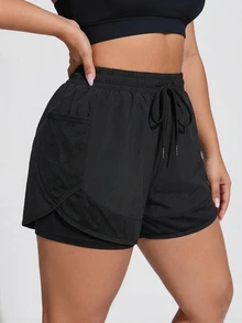 SHEIN Rhythm Era Plus Size Women Solid Color Drawstring Waist Casual Versatile Daily Wear & Sports Shorts - Black - View 3