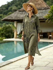 Isle Nomé Women's Short Vacation Print Summer Dress - Army Green - View 4