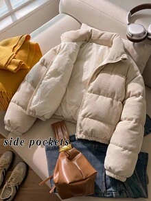 SHEIN 少女秋/冬休閒童裝優雅復古風卡其色口袋加厚外套，適合返校、秋冬出遊、日常穿著 - 卡其色 - 查看 3