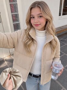 SHEIN 少女秋/冬休閒童裝優雅復古風卡其色口袋加厚外套，適合返校、秋冬出遊、日常穿著 - 卡其色 - 查看 5