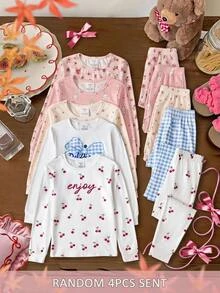 SHEIN 青少年女孩秋冬休閒居家櫻桃印花字母標語藍白格紋印花T恤與長褲家居服4件套，貼身版型，隨機發送4件 - 彩色 - 查看 8