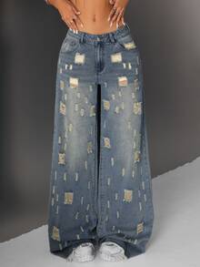 SHEIN Tall Women's Casual Washed Distressed Wide Leg Jeans - Blue - View 8