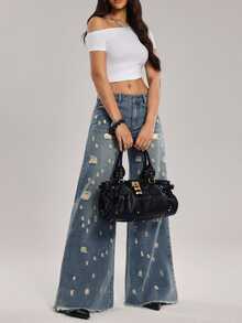 SHEIN Tall Women's Casual Washed Distressed Wide Leg Jeans - Blue - View 5