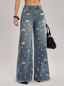 SHEIN Tall Women's Casual Washed Distressed Wide Leg Jeans - Blue - View 3