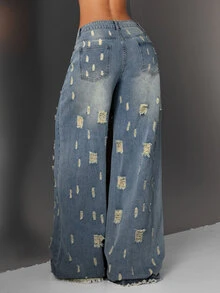 SHEIN Tall Women's Casual Washed Distressed Wide Leg Jeans - Blue - View 6