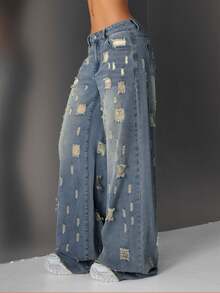 SHEIN Tall Women's Casual Washed Distressed Wide Leg Jeans - Blue - View 7