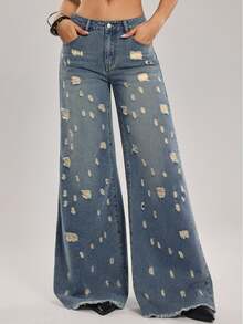 SHEIN Tall Women's Casual Washed Distressed Wide Leg Jeans - Blue - View 11
