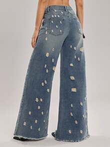 SHEIN Tall Women's Casual Washed Distressed Wide Leg Jeans - Blue - View 2
