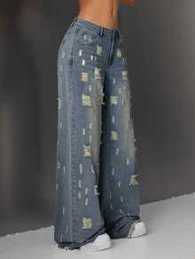 SHEIN Tall Women's Casual Washed Distressed Wide Leg Jeans - Blue - View 9