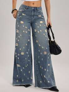 SHEIN Tall Women's Casual Washed Distressed Wide Leg Jeans - Blue - View 4