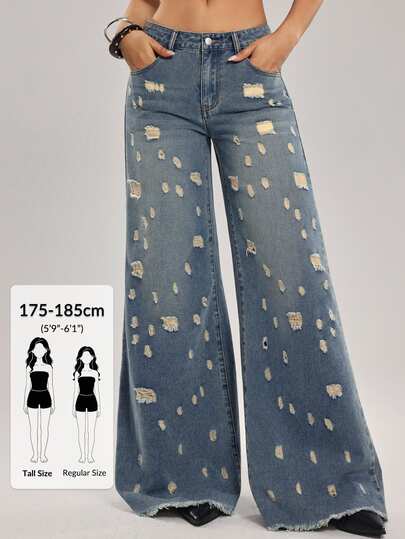 SHEIN Tall Women's Casual Washed Distressed Wide Leg Jeans