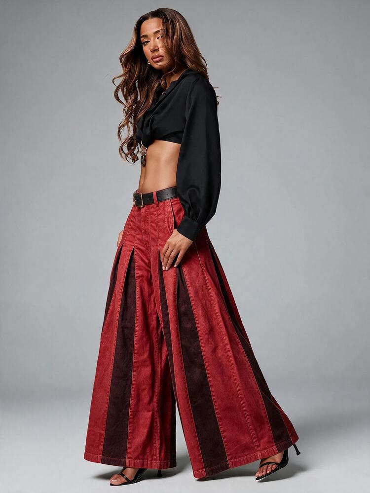 NYA SZN Denim Jean Trouser Insert Two Tone Color Block Wide Leg Flowy Baggy Travel Vacation Office Siren Going Out Club Everyday Casual Red Fall Winter - Burgundy - View 5