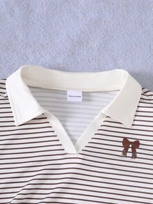 SHEIN 青少年女孩學院風休閒套裝 2件組 米色 Polo 領長袖短版 T 恤 蝴蝶結刺繡寬腿運動長褲 適合日常、校園、秋季穿搭 - 杏色 - 查看 7