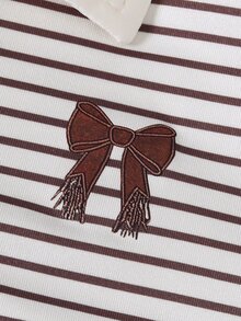 SHEIN 青少年女孩學院風休閒套裝 2件組 米色 Polo 領長袖短版 T 恤 蝴蝶結刺繡寬腿運動長褲 適合日常、校園、秋季穿搭 - 杏色 - 查看 6