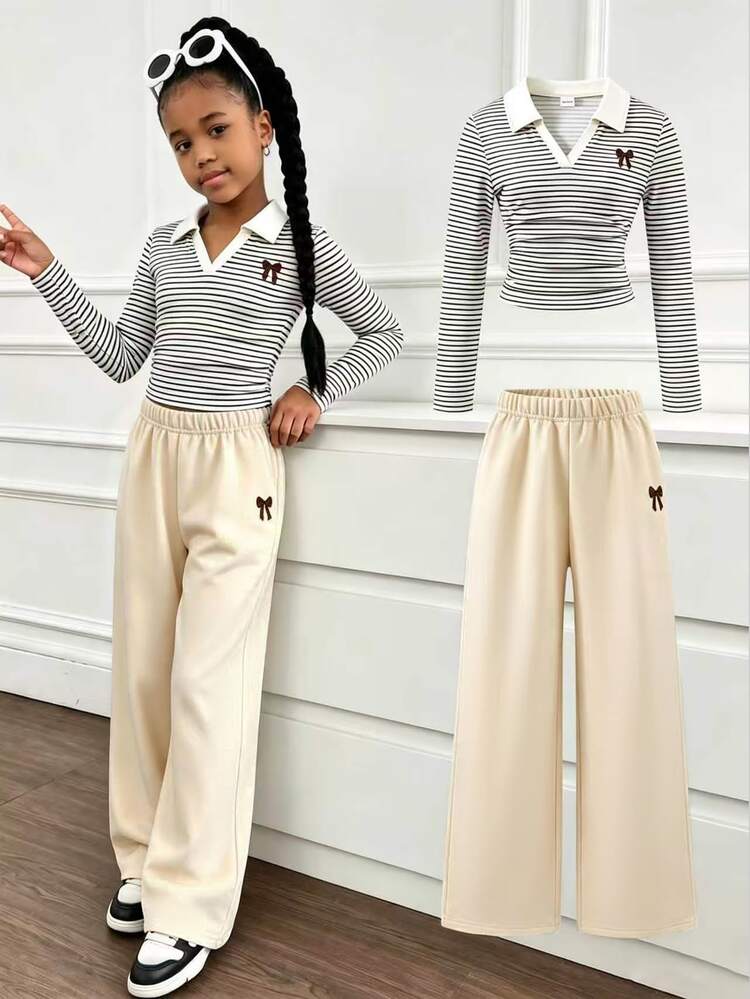 SHEIN Sparklyn Teen Girls Preppy Dressy 2pcs/Set Beige Polo Collar Long Sleeve Cropped T-Shirt Bow Embroidery Wide Leg Sweatpants Casual Outfits Career School Autumn - Apricot - View 4