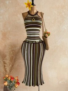 Soleia Women's Summer Fashion Round Neck Striped Sleeveless Knit Dress - Multicolor - View 4