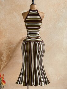 Soleia Women's Summer Fashion Round Neck Striped Sleeveless Knit Dress - Multicolor - View 2
