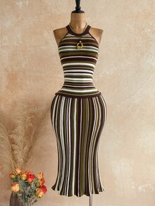 Soleia Women's Summer Fashion Round Neck Striped Sleeveless Knit Dress - Multicolor - View 3