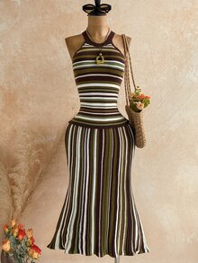Soleia Women's Summer Fashion Round Neck Striped Sleeveless Knit Dress - Multicolor - View 1