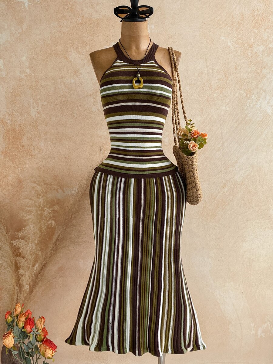Soleia Women's Summer Fashion Round Neck Striped Sleeveless Knit Dress - Multicolor - View 1