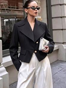 SHEIN 女款立領不對稱金色鈕扣紋理黑色西裝外套，收腰荷葉邊下擺短版夾克，適合日常通勤 - 黑色 - 查看 7