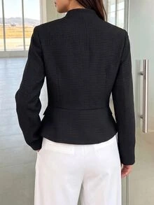 SHEIN 女款立領不對稱金色鈕扣紋理黑色西裝外套，收腰荷葉邊下擺短版夾克，適合日常通勤 - 黑色 - 查看 4