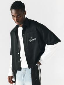 SUMWON Oversized Short Sleeve Button-Up Shirt With Chest Pocket Script Logo Summer Casual Relaxed Fit Drop Shoulder Woven Top - Black - View 4