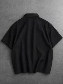 SUMWON Oversized Short Sleeve Button-Up Shirt With Chest Pocket Script Logo Summer Casual Relaxed Fit Drop Shoulder Woven Top - Black - View 2