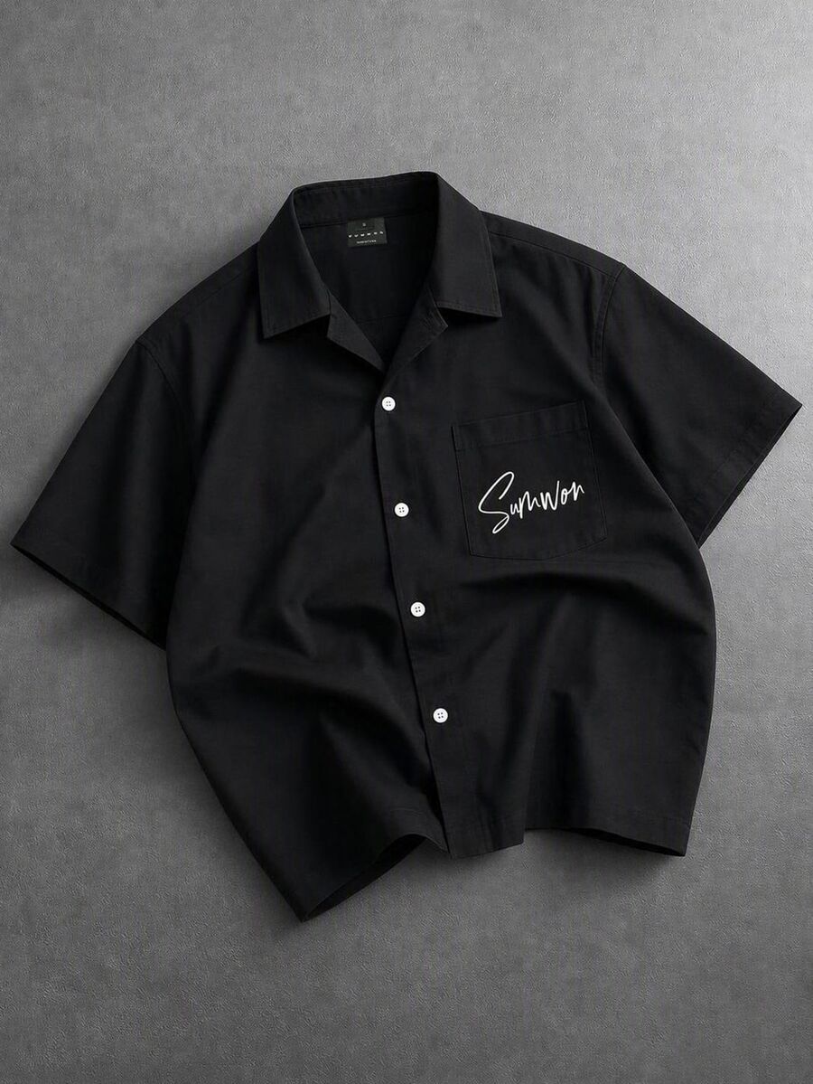 SUMWON Oversized Short Sleeve Button-Up Shirt With Chest Pocket Script Logo Summer Casual Relaxed Fit Drop Shoulder Woven Top - Black - View 1