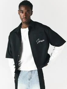 SUMWON Oversized Short Sleeve Button-Up Shirt With Chest Pocket Script Logo Summer Casual Relaxed Fit Drop Shoulder Woven Top - Black - View 3