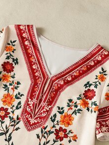 SHEIN LUNE Women's Floral Print V-Neck Short Sleeve Vacation Dress Picnic Vacation Beige Summer Cottage Core Boho - Multicolor - View 9