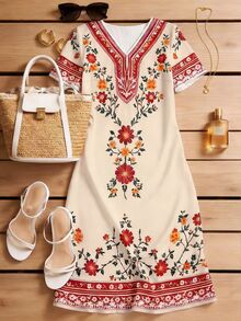 SHEIN LUNE Women's Floral Print V-Neck Short Sleeve Vacation Dress Picnic Vacation Beige Summer Cottage Core Boho - Multicolor - View 5