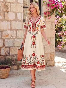 SHEIN LUNE Women's Floral Print V-Neck Short Sleeve Vacation Dress Picnic Vacation Beige Summer Cottage Core Boho - Multicolor - View 3