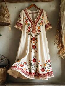 SHEIN LUNE Women's Floral Print V-Neck Short Sleeve Vacation Dress Picnic Vacation Beige Summer Cottage Core Boho - Multicolor - View 4