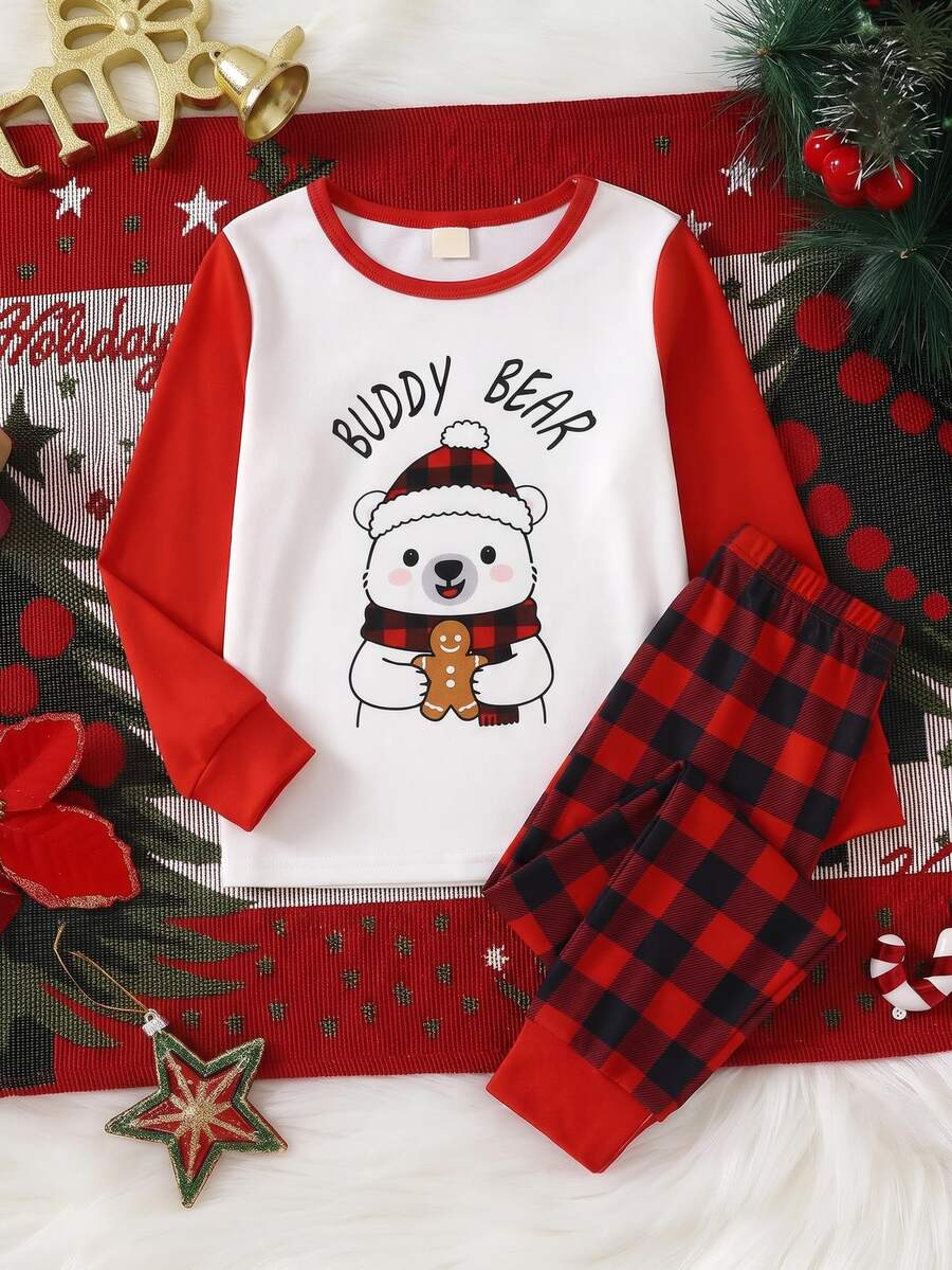 男孩熊字母紅色長袖上衣與經典紅格紋長褲修身睡衣居家套裝 - 彩色 - 查看 1