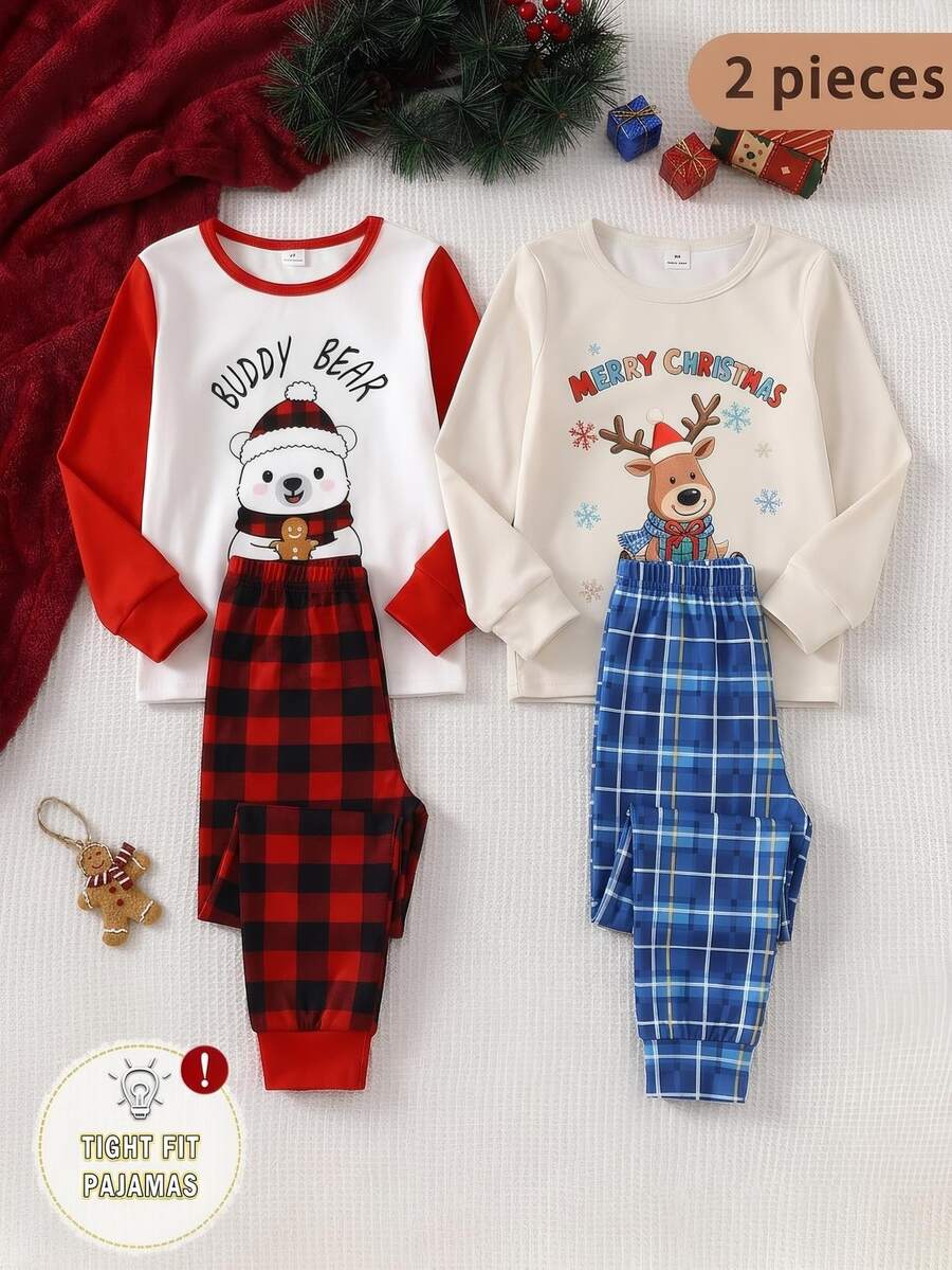 Set Piyama Anak Laki-Laki Motif Beruang dengan Atasan Lengan Panjang Merah dan Celana Panjang Kotak-kotak Merah Klasik - MultiWarna - View 1