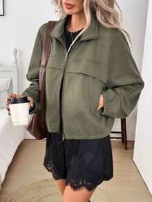 SHEIN LUNE 女款休閒秋冬通勤日常基礎時尚麂皮外套 - 橄欖綠 - 查看 9