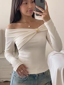 SHEIN 青少年女孩休閒優雅金屬飾領/休閒百搭百搭白色上衣 - 白色 - 查看 8