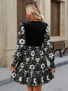 Brillora Women's Floral Print Front Tie Long Sleeve Short Dress For Vacation - Black - View 4