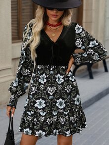 Brillora Women's Floral Print Front Tie Long Sleeve Short Dress For Vacation - Black - View 6