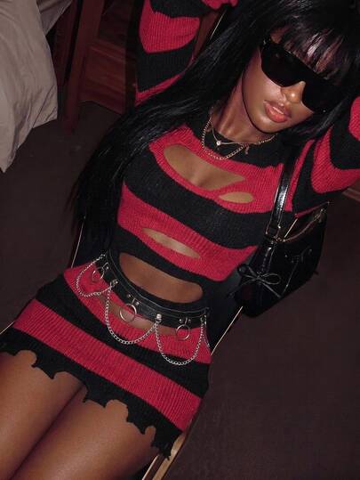 Amplova Women's Knitted Striped Hollow-Out Sexy Black & Red Striped Mini Dress, Sexy Avant-Garde Style Suitable For Halloween Outfit, Distressed Sexy
