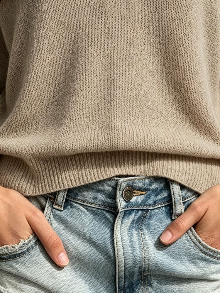 SHEIN 女款春夏卡其色極簡休閒通勤V領短袖針織上衣，戶外上衣，度假，女款休閒上衣，社交上衣，辦公室 - 卡其色 - 查看 6