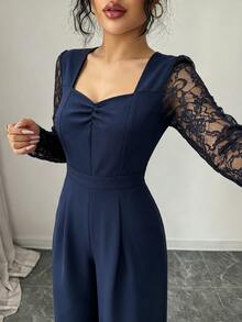 Modelyn Contrast Lace Ruched Front Wide Leg Jumpsuit - Navy Blue - View 6