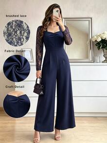 Modelyn Contrast Lace Ruched Front Wide Leg Jumpsuit - Navy Blue - View 1